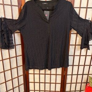 Avenue Black Metallic-Striped Ruffle Sleeve Blouse
